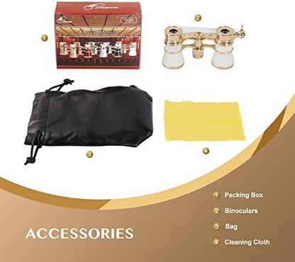 Aomekie Opera Glasses Binoculars 3X25 Theater Glasses Lorgnette Mini Binocular Compact with Handle for Adults Women in Musical Concert（White）