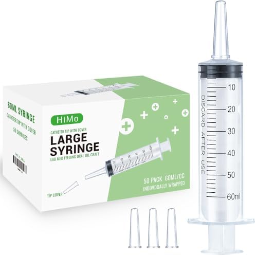 HiMo Pack of 50 - 60ml Syringe, 60cc syringes with caps for Liquid, Oral, Jello Shot, Scientific Labs, Measurement, Dispensing, Catheter Tip