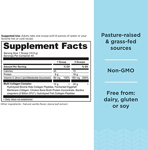 Collagen Powder Protein by Ancient Nutrition, Multi Collagen Vanilla Protein Powder, 45 Servings, with Vitamin C, Hydrolyzed Collagen Peptides Supports Skin and Nails, Gut Health, 16.7oz