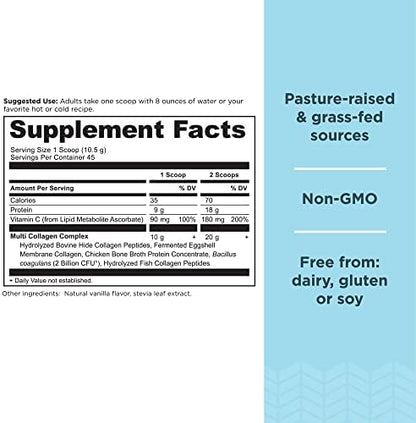 Collagen Powder Protein by Ancient Nutrition, Multi Collagen Vanilla Protein Powder, 45 Servings, with Vitamin C, Hydrolyzed Collagen Peptides Supports Skin and Nails, Gut Health, 16.7oz