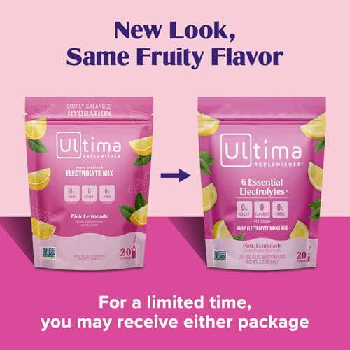 Ultima Replenisher Daily Electrolyte Powder Drink Mix – Sugar Free – Pink Lemonade, 20 Stickpacks – Hydration Packets with 6 Electrolytes and Trace Minerals – Keto Friendly, Vegan, Non-GMO