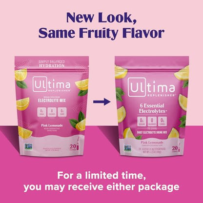 Ultima Replenisher Daily Electrolyte Powder Drink Mix – Sugar Free – Pink Lemonade, 20 Stickpacks – Hydration Packets with 6 Electrolytes and Trace Minerals – Keto Friendly, Vegan, Non-GMO