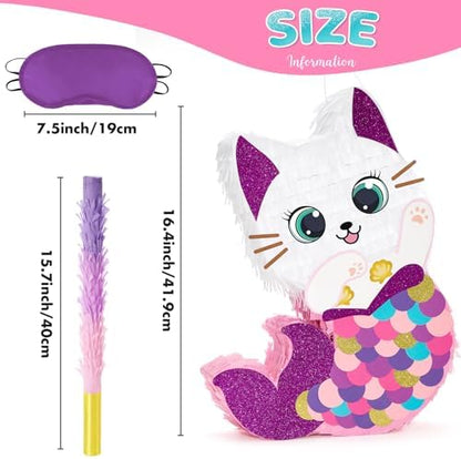 WERNNSAI Cat Piñata - Kitten Mermaid Birthday Party Decorations Kids Mermaid Pinata with Blindfold and Bat for Girls Summer Under the Sea Birthday Party Supplies Game Set