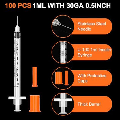 100 Pack 1ml Syringes with Needle-30Ga 0.5 Inch, Individually Sealed Packaging