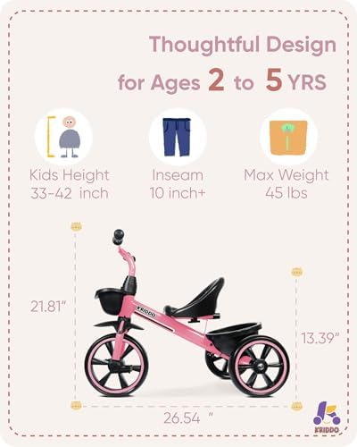KRIDDO Tricycle for 2-5 Year Olds - Pink Toddler Trike With Gift for 24 Month to 4 Year Old Girls