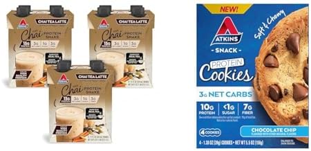 Atkins Chai Tea Latte Protein Shake with 15g Protein, 3g Net Carbs, 1g Sugar and Atkins Chocolate Chip Protein Cookie with 10g Protein, 3g Net Carbs, 1g Sugar, Keto Friendly, 4 Count