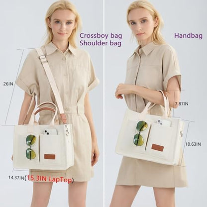 Tote Bag for Women With Compartments,Large Canvas Tote Women's Purse Crossbody Bags Work Laptop Book Bag Satchels Handbags