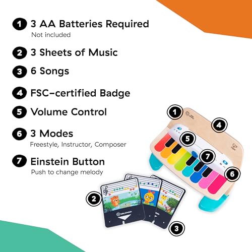 Baby Einstein and Hape Magic Touch Wooden Toy Piano, Montessori Musical Learning Toy for Babies and Toddlers 6mo+