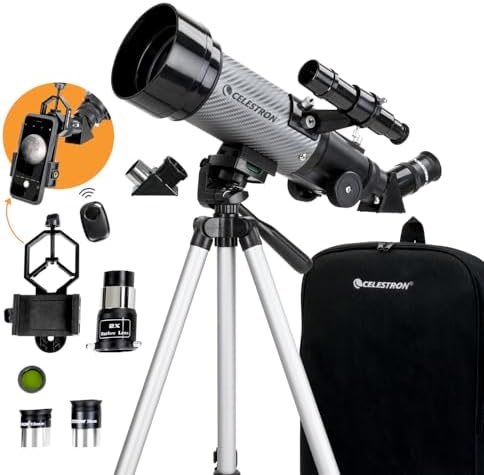 Celestron Travel Scope 70DX Portable Refractor Telescope – 70mm Aperture, Fully-Coated Glass Optics – Includes Bonus Phone Adapter, Backpack & More – Ideal for Beginners & Travel