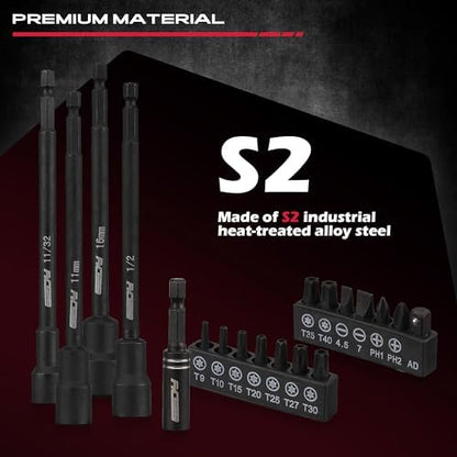 Nut Driver Impact Bit Set - 31-Piece Magnetic Socket Impact Drill Bit Tool Sets Extra Long Hex Nut Setter Driver Holder - Metric SAE Screwdriver Bits 1/4 Drive Shank Adapter Extension