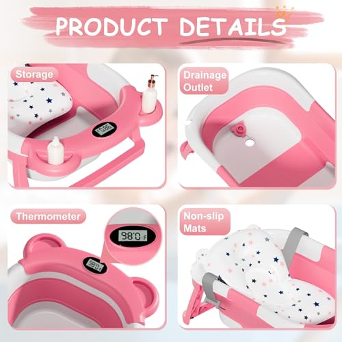 TPN Collapsible Baby Bathtub, Baby Bath Tub with Soft Cushion & Real-Time Thermometer, Baby Bathtub Infant to Toddler Tub (0-36 Months), Portable Newborn Travel Bath tub