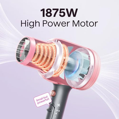 Wavytalk Hair Dryer, Blown Away Ionic Hair Dryer for Curly Hair with Diffuser, 1875W Fast Drying Blow Dryer with Ceramic Technology, 3 Attachments for All Hair Types, Light and Quiet, Rose Gold