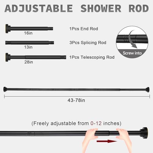 Shower Curtain Rod Adjustable 43-78 inch, 1"Diameter Spring Tension Curtain Rod No Drill, Anti-Rust Non-Slip Shower Rod, Black Shower Curtain Rod for Bathroom Tension