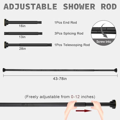 Shower Curtain Rod Adjustable 43-78 inch, 1"Diameter Spring Tension Curtain Rod No Drill, Anti-Rust Non-Slip Shower Rod, Black Shower Curtain Rod for Bathroom Tension