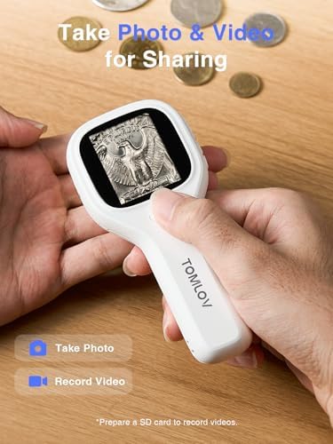 TOMLOV P10 Evo Handheld Close-Up Coin Microscope with 2" IPS Screen: 20X LED Lighted Trichome Magnifier for Adults, Portable Jewelers Loupe, STEM Kids Microscope, Windows/macOS Compatible, White