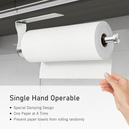 SetSail Paper Towel Holder, 2 Packs Single Hand Operable Paper Towel Holder Under Cabinet with Adjustable Damper Easy Tear Wall Mount Self-Adhesive or Drilled for Kitchen Bathroom, Silver