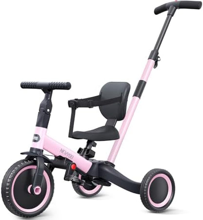 newyoo Toddler Tricycle,Toddler Bike,Birthday Gifts and Toys for 1-3 Year Old Boys and Girls, Trike with Push Handle, Backrest and Safety Belt, Balance Bike, TR007, Pink