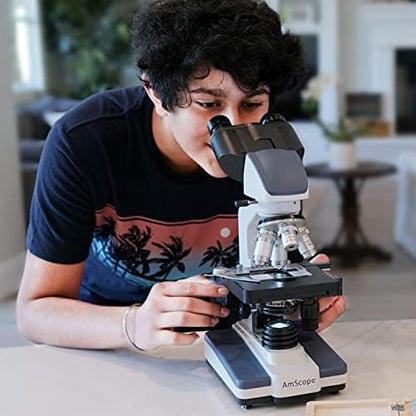 AmScope B120 Series Student & Professional LED Binocular Compound Microscope - 40X-2500X Magnification - Includes 3MP USB Camera & Siedentopf Head