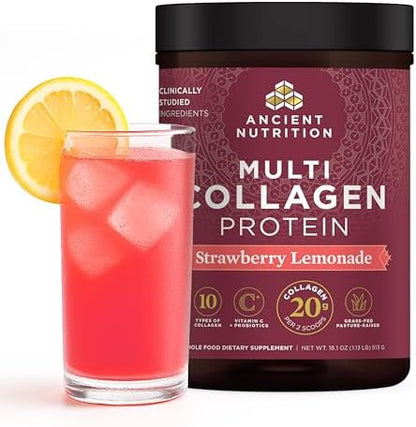 Ancient Nutrition Hydrolyzed Collagen Peptides Powder with Probiotics, Strawberry Lemonade Multi Collagen Protein for Women and Men with Vitamin C, 45 Servings, Supports Skin and Nails, Gut Health, 18