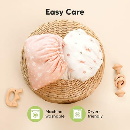 Pack and Play Sheets Fitted - 2-Pack Mini Crib Sheets for Pack N Play Mattress 38x26, Soft & Cozy, Neutral Toddler Playard Bedding, Snug Fitted Mini Baby Crib Mattress Cover Boy, Girl (Butterflies)