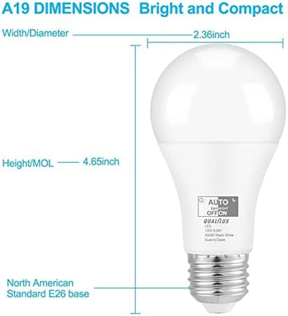 Dusk to Dawn LED Light Bulbs Outdoor, Automatic On/Off, 60W Equivalent, Warm White 3000K, Energy Efficient 9.5W, 850 Lumen, A19, E26 Base, 4-Pack, HQ-H009