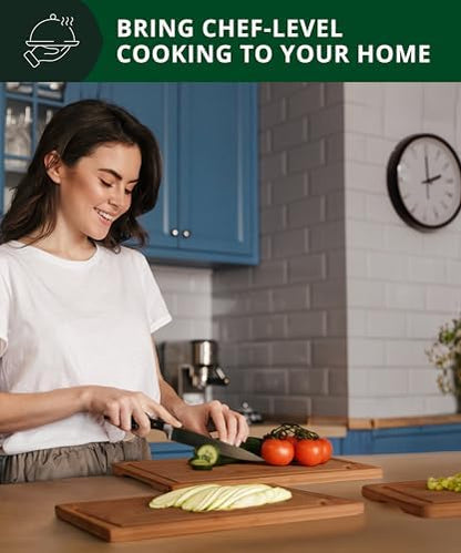 ROYAL CRAFT WOOD Wooden Cutting Boards for Kitchen Meal Prep & Serving - Bamboo Wood Serving Board Set with Deep Juice Groove Side Handles - Charcuterie & Chopping Butcher Block for Meat (3 Pcs)