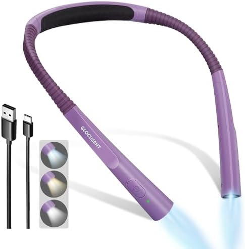 Glocusent Upgraded LED Neck Reading Light, Book Light for Reading in Bed, 30-min Timer, 3 Colors & 3 Brightness Adjustable, Rechargeable & Long Lasting, Perfect for Reading, Knitting