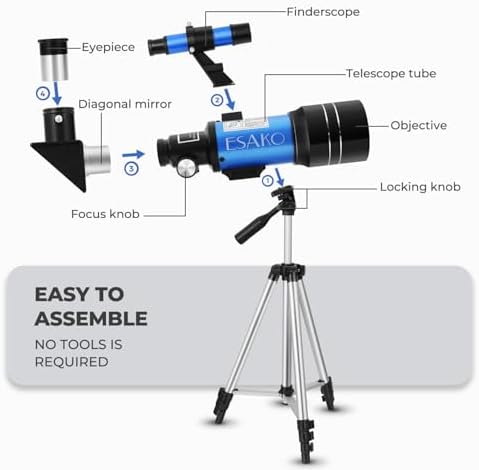 ESAKO Telescope for Kids & Beginners, 70mm Aperture Portable Telescopes with 3 Eyepieces, Height Adjustable Tripod & Phone Adapter & Remote Control