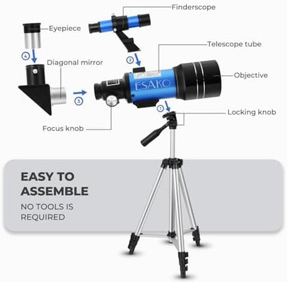 ESAKO Telescope for Kids & Beginners, 70mm Aperture Portable Telescopes with 3 Eyepieces, Height Adjustable Tripod & Phone Adapter & Remote Control