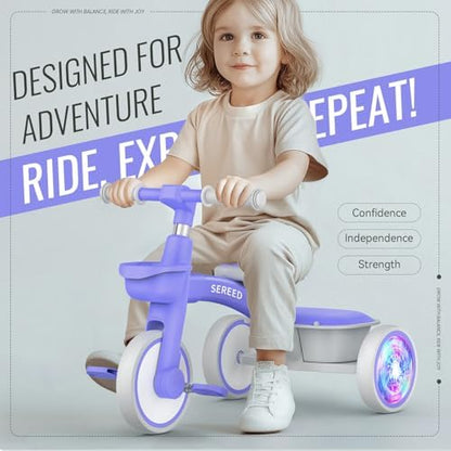 SEREED Colorful Lighting Toddler Tricycle for 2-5 Years Old Boys Girls, Adjustable Seat&Handlebar Trike, Removable Basket, Birthday Gift Idea for Kids Ages 2+ (Purple)