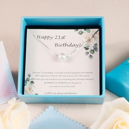 Sereney Birthday Gifts for Girls Women, Sterling Silver Pearl Necklace as 7 9 10 11 13 15 16 18 21 30 40 50 60 Year Old Birthday Gifts, Single Pearl Necklace as Bday Gifts for Friends