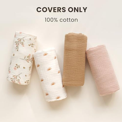 Konssy Muslin Baby Lounger Cover 2 Pack, 100% Cotton Newborn Lounger Cover, Soft and Breathable Baby Nest Slipcover for Boys Girls (Camel,Sun)