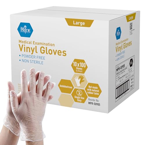 MED PRIDE Medpride Medical Vinyl Examination Gloves | Latex and Powder Free | Disposable, Ultra-Strong, Clear (1000, Large (Pack of 1000))