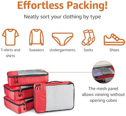 Amazon Basics Medium Packing Cubes for Travel, Packing Organizers, 4-Piece-Set With Double Zipper Pulls and Mesh Top Panel, 100% Durable Polyester, Red, 13.8"L x 9.8"W x 3"H
