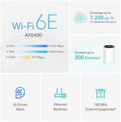 TP-Link Deco XE75 AXE5400 Tri-Band WiFi 6E Mesh System - Wi-Fi up to 7200 Sq.Ft, Engadget Rated Best Mesh for Most People, Replaces WiFi Router and Extender, AI-Driven Mesh New 6GHz Band, 3-Pack