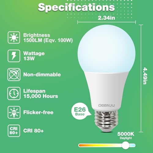 Light Bulbs, 100 Watt Equivalent LED Bulbs A19, 5000K Daylight Light Bulbs, E26 Standard Base, 1500 Lumens, Non-Dimmable, 13W Bright White LED Bulb for Bedroom Home Office, 24 Pack