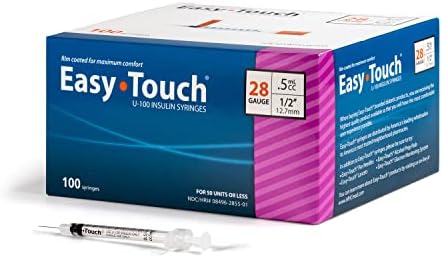 Easy Touch U-100 Insulin Syringe with Needle, 28G 0.5cc 1/2-Inch (12.7mm), Box of 100