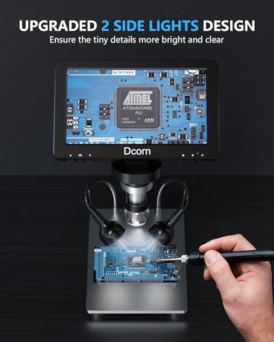7'' Digital Microscope 1200X,Dcorn 12MP 1080P Photo/Video Microscope for Adults Soldering Coins,Metal Stand,Wired Remote,10 LED Fill Lights,PC View,Windows/Mac Compatible