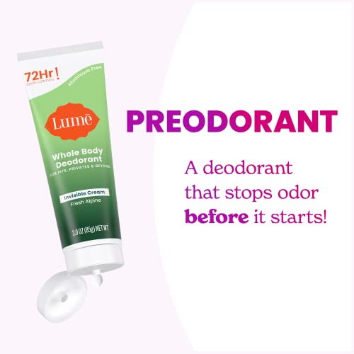 Lume Whole Body Deodorant - Invisible Cream Tube - 72 Hour Odor Control - Aluminum Free, Baking Soda Free, Skin Safe - 3.0 ounce (Pack of 2) (Fresh Alpine)