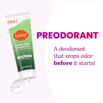 Lume Whole Body Deodorant - Invisible Cream Tube - 72 Hour Odor Control - Aluminum Free, Baking Soda Free, Skin Safe - 3.0 ounce (Pack of 2) (Fresh Alpine)