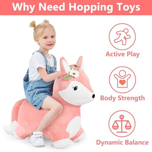 iPlay, iLearn Bouncy Pals Hopping Fox Horse, Toddler Girl Inflatable Bouncing Animal Hopper Toy, Outdoor Indoor Plush Ride on Bouncer, Baby Birthday Gift 18 Month 2 3 4 Year Old Kid - Fox