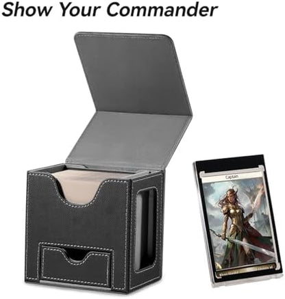 Card Deck Box for MTG Commander - Patented Design, Commander Display, Fits 100 Double-Sleeved Cards, 35pt Card Brick & Dice Tray - Black/Gray