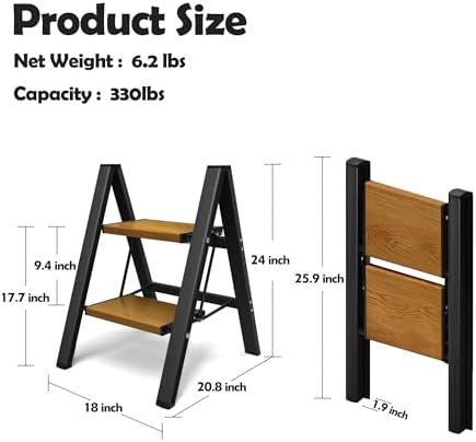 Taranta 2 Step Ladder,Aluminum Lightweight Folding 2 Step Stool with Anti-Slip Wide Pedal, 330lbs Capacity Step Ladder for Household,Kitchen,Office - BlackWoodgrain