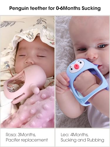Smily Mia 2 Packs Baby Teething Toy for 0-6 6-12 Months, Food Grade Silicone Teething Mitten, Anti Dropping Wrist Hand Teethers Baby Chew Toys for Sucking&Chewing, BPA Free, Light Blue