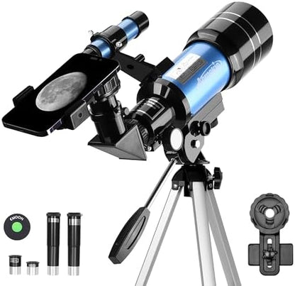 AOMEKIE Telescopes,70mm Aperture 300mm Table Tripod, Astronomical for Beginners,2 Eyepieces 150X with Smartphone Adapter Moon Filter 3X Barlow