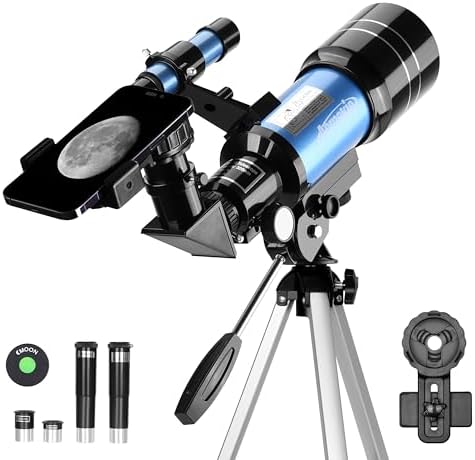 AOMEKIE Telescopes,70mm Aperture 300mm Table Tripod, Astronomical for Beginners,2 Eyepieces 150X with Smartphone Adapter Moon Filter 3X Barlow