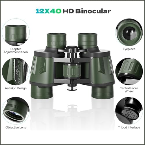 12x40 HD Binoculars for Adults and Kids High Powered, Clear Large View & Low Light Night Vision, Waterproof Binoculars for Hunting, Birds Watching, Cruise Ship, Theaters, Travel and Stargazing