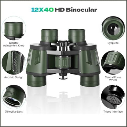 12x40 HD Binoculars for Adults and Kids High Powered, Clear Large View & Low Light Night Vision, Waterproof Binoculars for Hunting, Birds Watching, Cruise Ship, Theaters, Travel and Stargazing