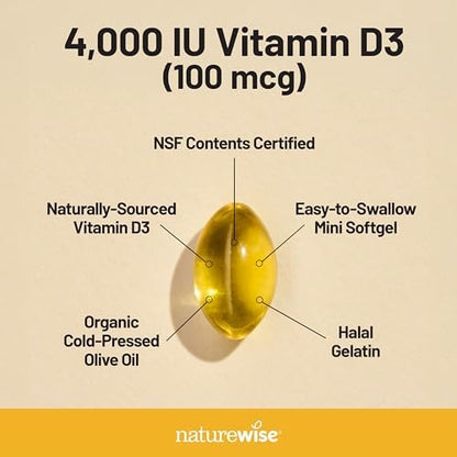 NatureWise Vitamin D3 4000iu (100 mcg) 1-Year Supply for Immune Support, Healthy Muscle Function, and Bone Health - Non-GMO, Gluten-Free in Organic Extra Virgin Olive Oil, (Mini Softgel), 360 Count