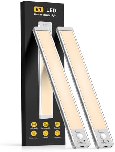 14.7inch Under Cabinet Lighting, 2 Pack Rechargeable Motion Sensor Light Indoor, 5 Levels Dimmable Magnetic Closet Lights, Wireless Under Counter Lights for Kitchen, Stairs,Hallway